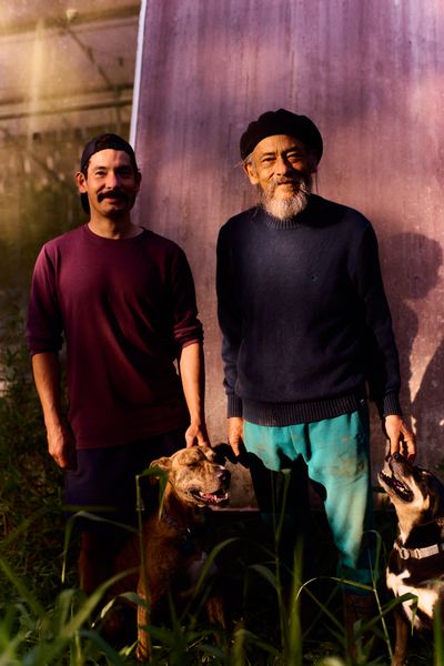 Two men with their dogs against a sunlit wall.